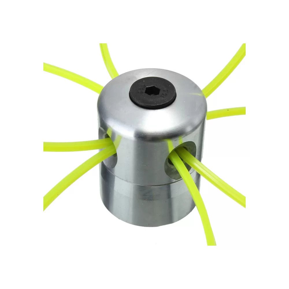 Tambur din aluminiu cu 4 fire și filet M10 Tambur din aluminiu cu filet M10, cu fire galbene trecute prin găurile corpului, văzut de sus