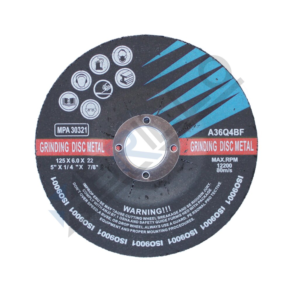 Disc abraziv de polizare pentru metal, 6 mm Disc abraziv de polizare pentru metal de 125 × 6 × 22 mm, cu marcajul A36Q4BF și pictograme de protecție