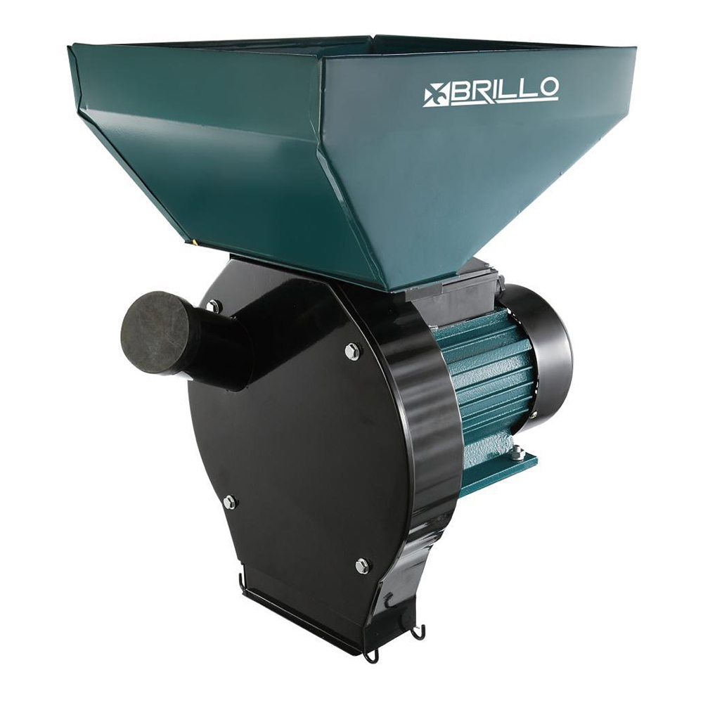 Moară electrică Brillo Professional, 3,8 kW Moară electrică Brillo Professional de 3,8 kW, cu cuvă mare verde, carcasă neagră și orificiul lateral acoperit cu capac