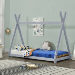 Pat pentru copii Daria gri deschis, design de cort indian, din lemn de brad, imaginea 3