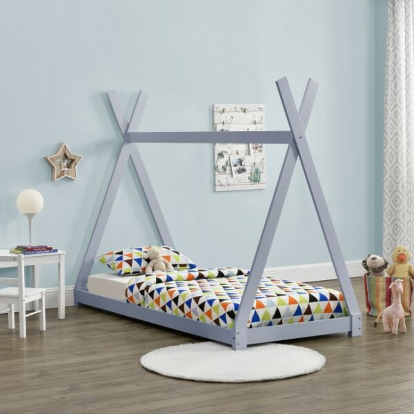 Pat pentru copii Daria gri deschis, design de cort indian, din lemn de brad, imaginea 2
