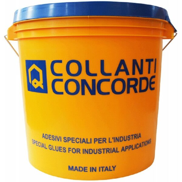 Găleată galbenă Collanti Concorde cu capac albastru, ambalaj de adeziv pentru lemn fabricat în Italia