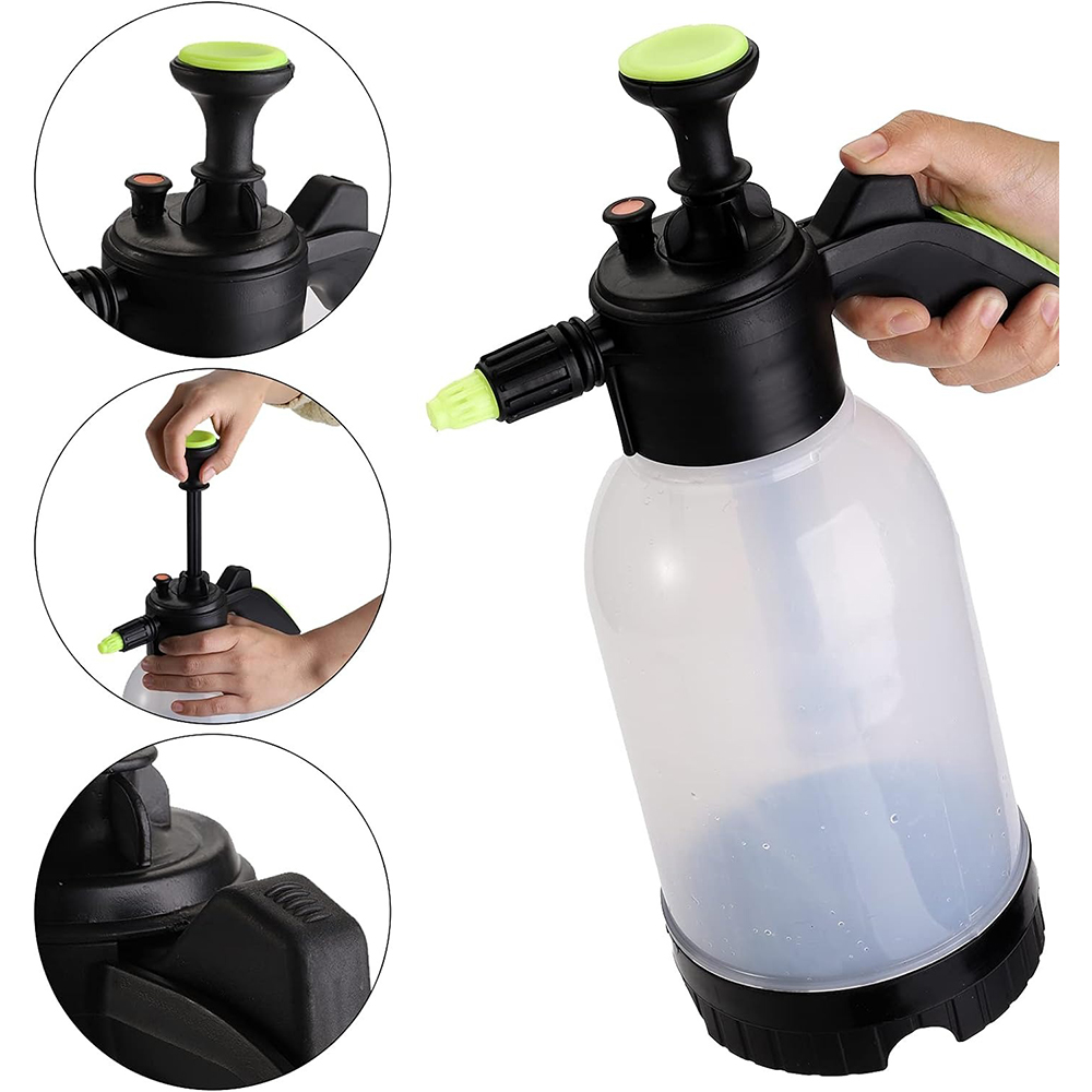 Pulverizator de mână PRO de 2 litri Pulverizator de mână PRO de 2 litri, cu rezervor transparent, cap negru, buton de pompă verde și detalii de folosire
