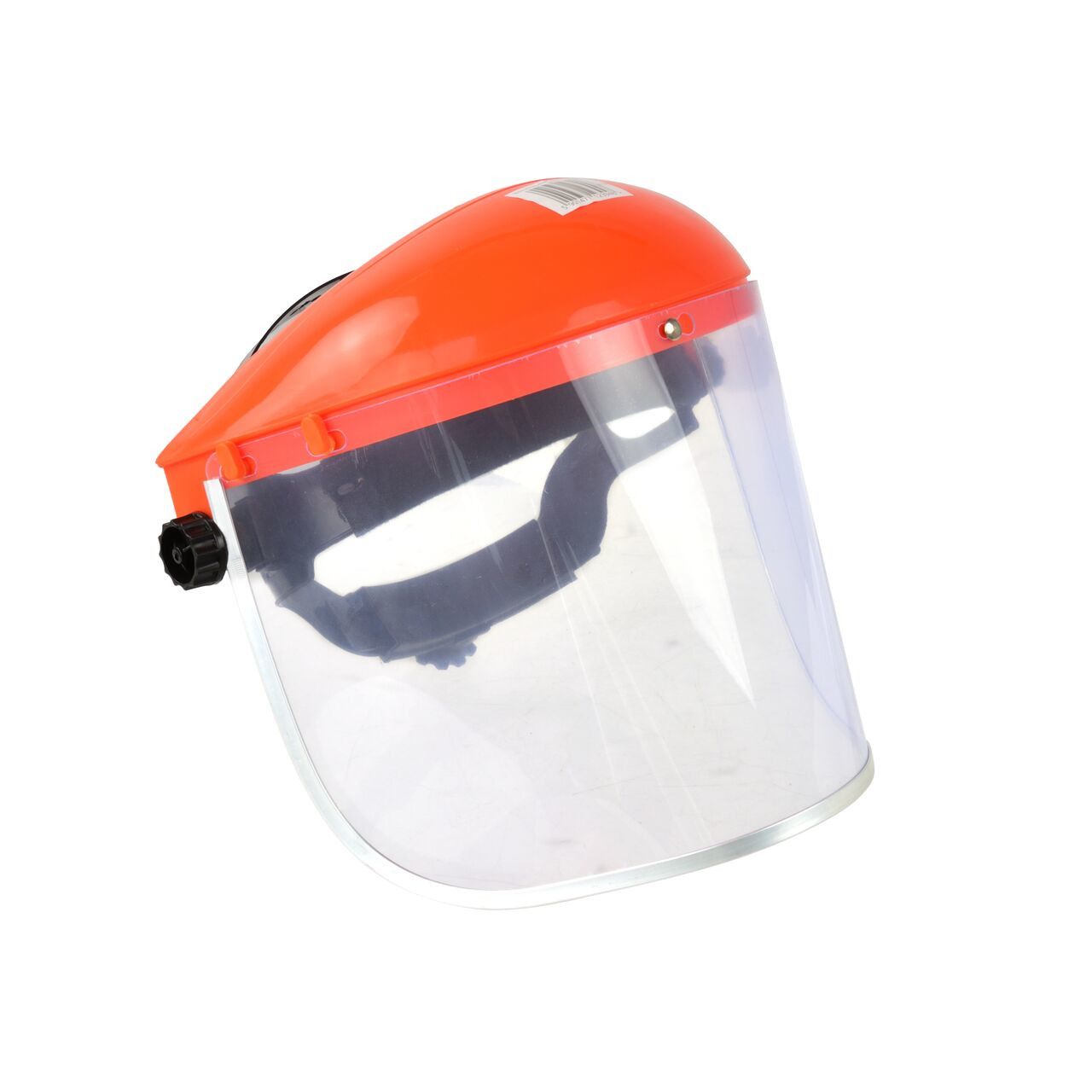 Mască de protecție cu vizieră transparentă din PVC Mască de protecție cu carcasă portocalie și vizieră transparentă din PVC cu margine metalică, vedere din față