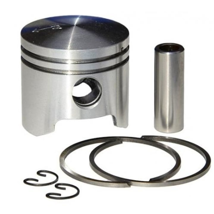 Kit piston de 34 mm cu segmenți și bolț Kit piston de motocoasă de 34 mm, cu doi segmenți, bolț cromat și siguranțe, pe fundal alb