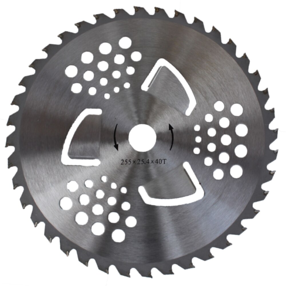 Disc de motocoasă 255 × 25,4 mm, 40 de dinți vidia, cu aripioare Disc de motocoasă 255 × 25,4 mm cu 40 de dinți vidia, trei aripioare decupate și grupuri de găuri de ventilație