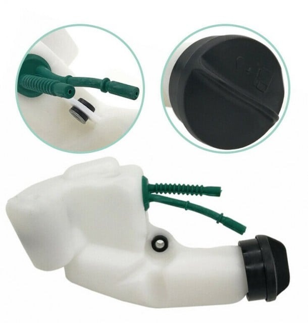 Rezervor de benzină compatibil Stihl FS38, FS45, FS46, FS55 Rezervor de benzină alb compatibil Stihl FS55, cu furtunuri verzi, bușon negru și detalii mărite ale prinderii