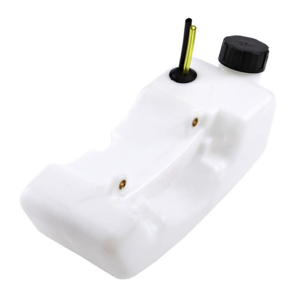 Rezervor de benzină cu gât drept pentru motocoasă, prinderi la 10 cm Rezervor de benzină alb, translucid, pentru motocoasă, cu gât drept, bușon negru și două furtunașe prin garnitură
