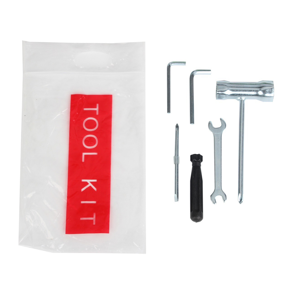 Set chei drujbă și motocoasă Set de chei pentru drujbă și motocoasă: cheie de bujie în T, două chei imbus, cheie fixă, șurubelniță și punga Tool Kit