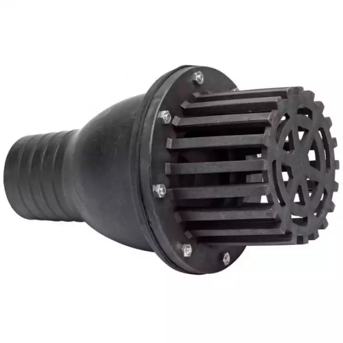 Sorb pentru motopompă cu grilaj de filtrare Sorb negru pentru motopompă, cu grilaj de filtrare, flanșă prinsă în șuruburi și ștuț striat pentru furtun
