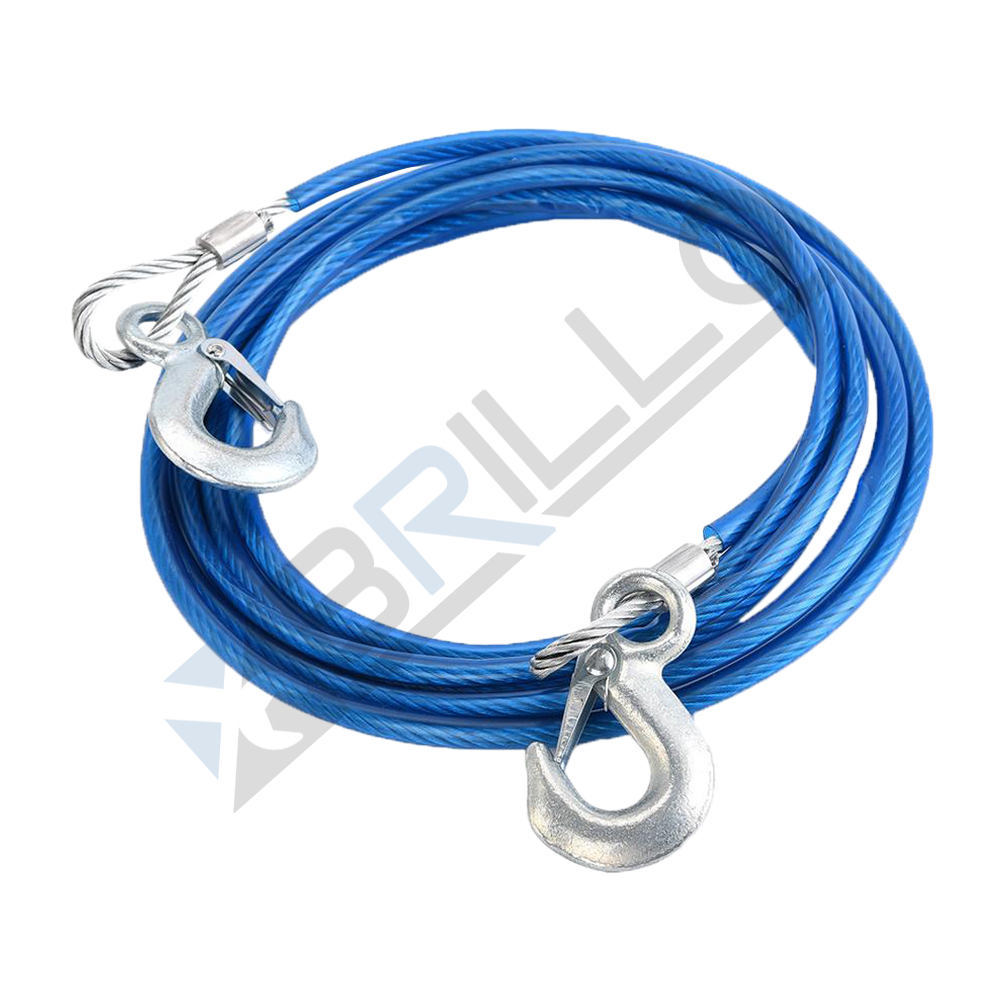 Cablu de tractare din oțel, 4 m, cu două cârlige Cablu de tractare din oțel cu înveliș albastru, rulat, cu două cârlige cu clapetă de siguranță la capete
