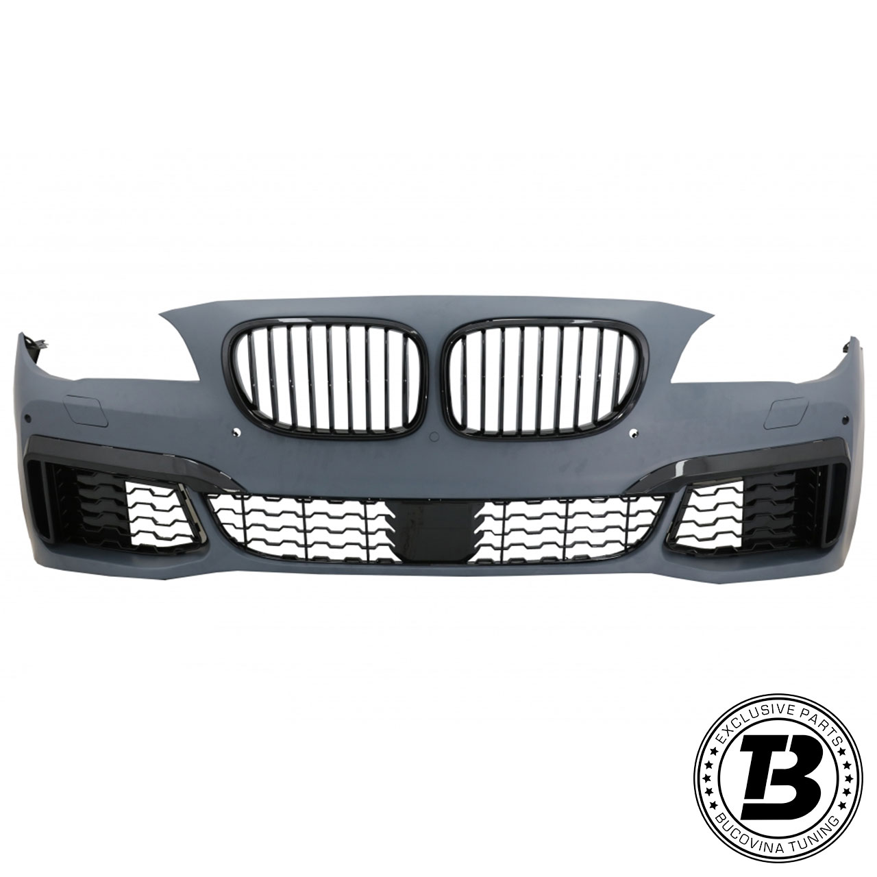 Bară față M760 Design pentru Seria 7 F01 F02, vedere din față Bară față M760 Design compatibilă cu BMW Seria 7 F01 F02, nevopsită, vedere din față cu grilele montate