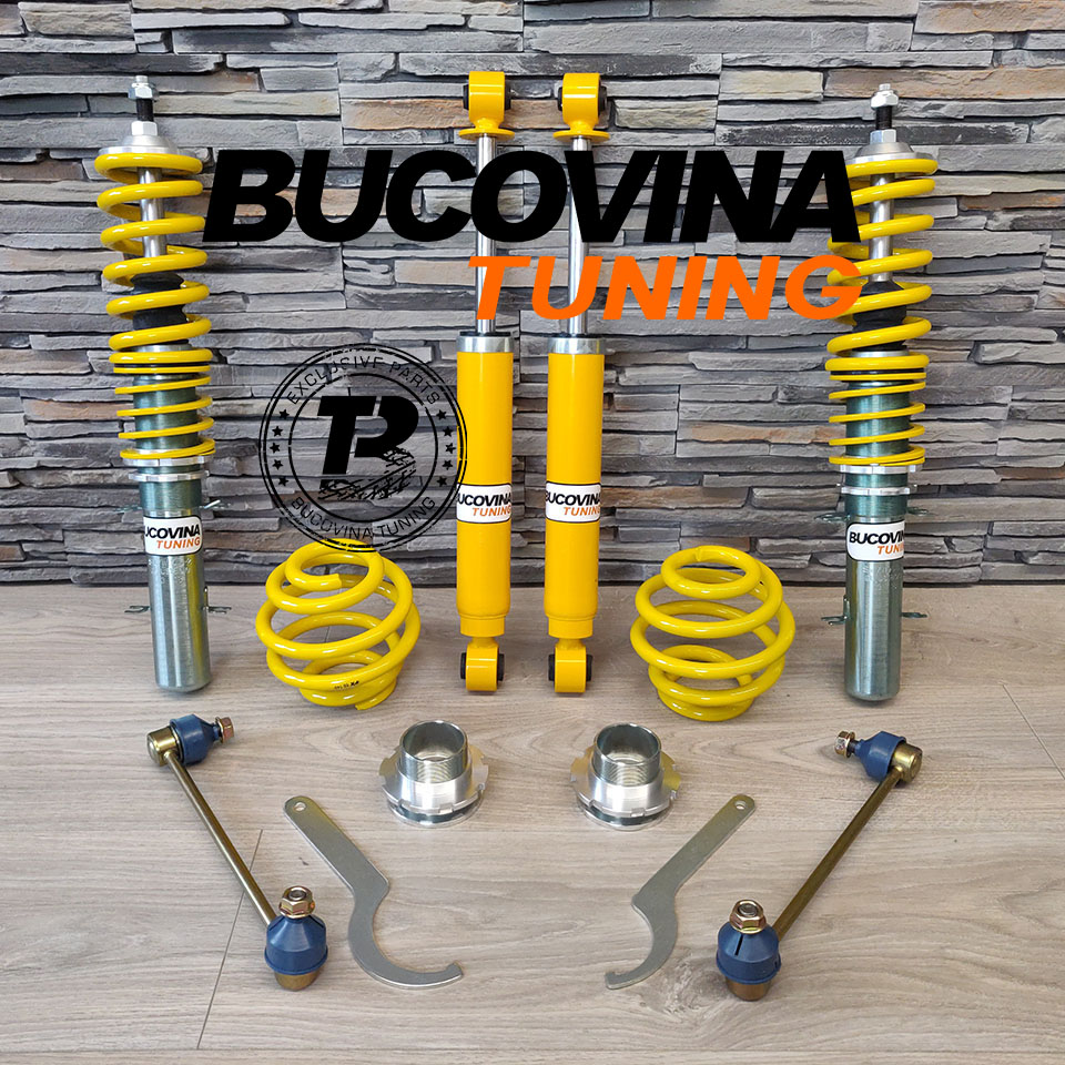 Kit coilover FK pe podea de lemn Kit coilover FK pe podea de lemn: amortizoare față filetate, amortizoare spate, arcuri, cupe, bielete și chei