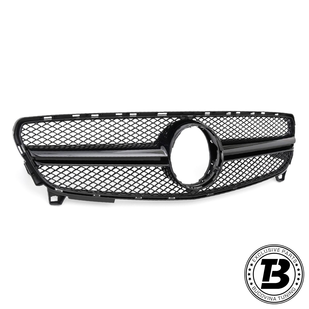 Grilă A45 Design negru lucios, vedere frontală Grilă A45 Design negru lucios cu plasă romboidală și lamelă orizontală, vedere frontală