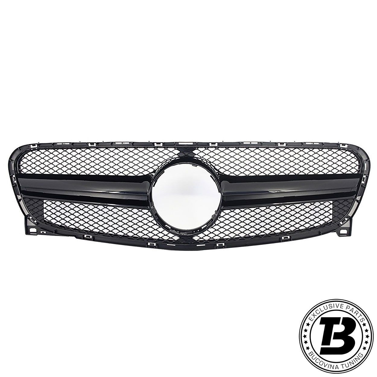 Grilă GLA45 Design negru lucios, vedere frontală Grilă GLA45 Design neagră lucioasă cu plasă romboidală și locaș central, vedere frontală