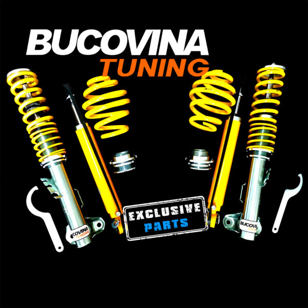 Kit coilover FK reglabil pe duritate compatibil cu BMW Seria 3 E36, pe fundal negru