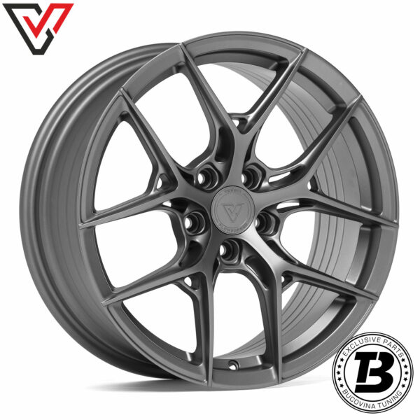 Jantă Vennom Flowforged VFF.10 Carbon Gunmetal cu cinci spițe în Y, vedere din față în unghi
