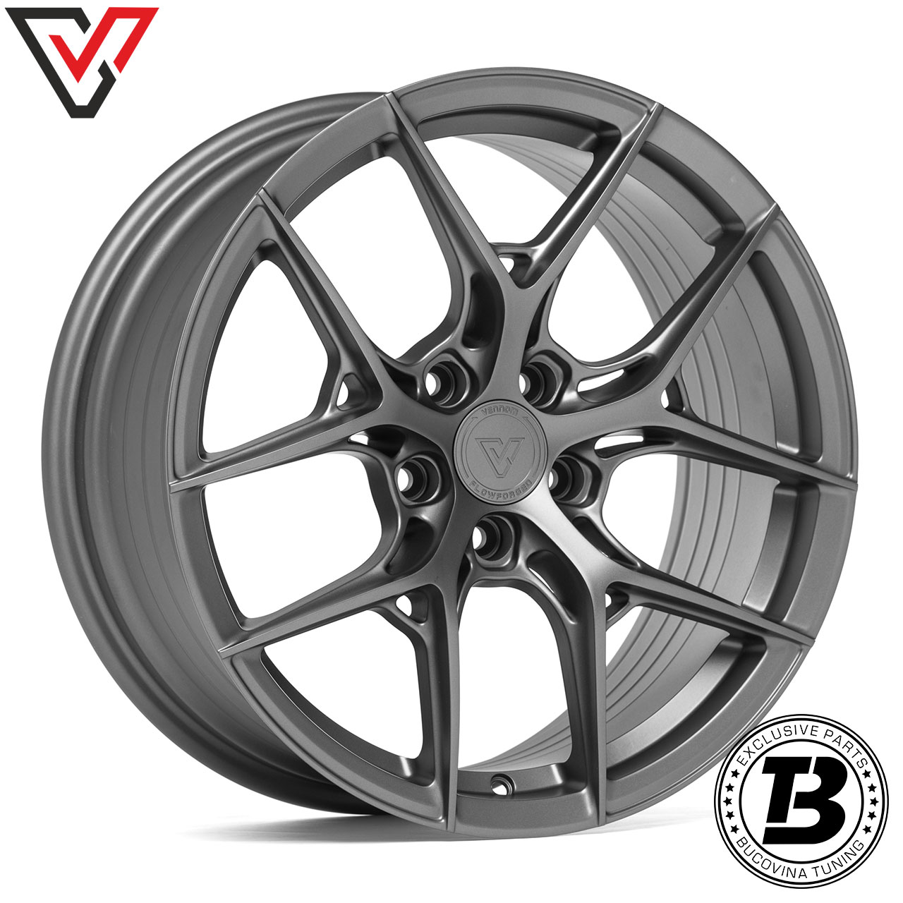 Jantă Vennom VFF.10 Carbon Gunmetal, din față Jantă Vennom Flowforged VFF.10 Carbon Gunmetal cu cinci spițe în Y, vedere din față în unghi