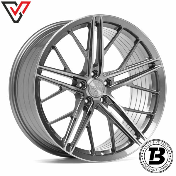 Jantă Vennom Flowforged VFF.14 gri închis periat, cu cinci spițe duble, vedere din față în unghi