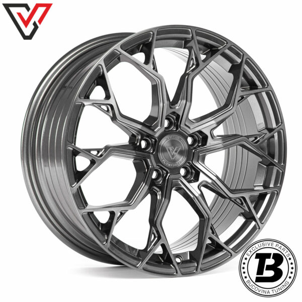 Jantă Vennom Flowforged VFF.4 gri închis periat cu spițe ramificate, vedere din față în unghi