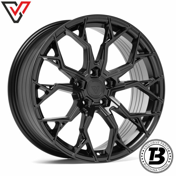 Jantă Vennom Flowforged VFF.4 negru satinat, fotografiată din față în unghi