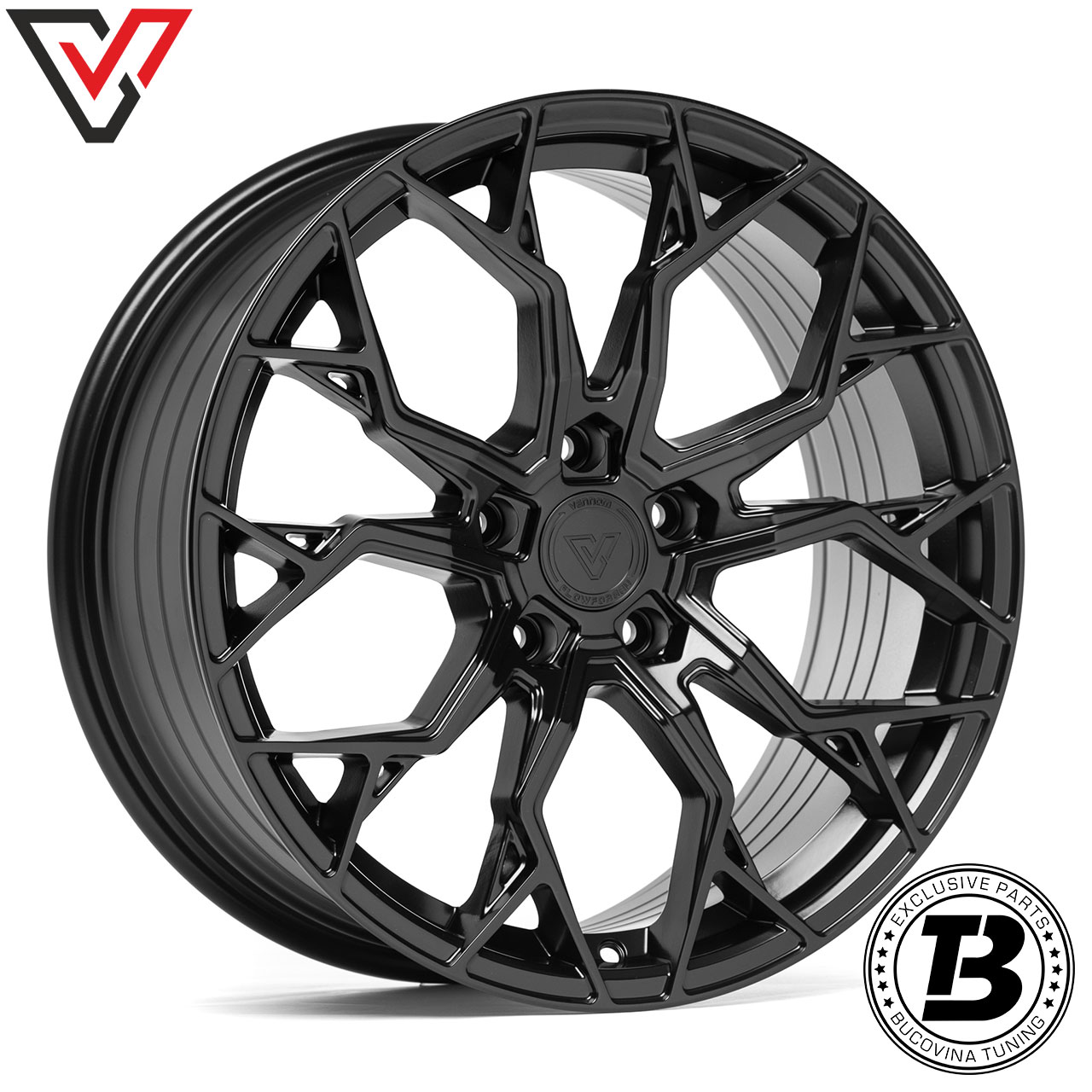 Jantă Vennom VFF.4 Satin Black, din față Jantă Vennom Flowforged VFF.4 Satin Black cu spițe ramificate, vedere din față în unghi