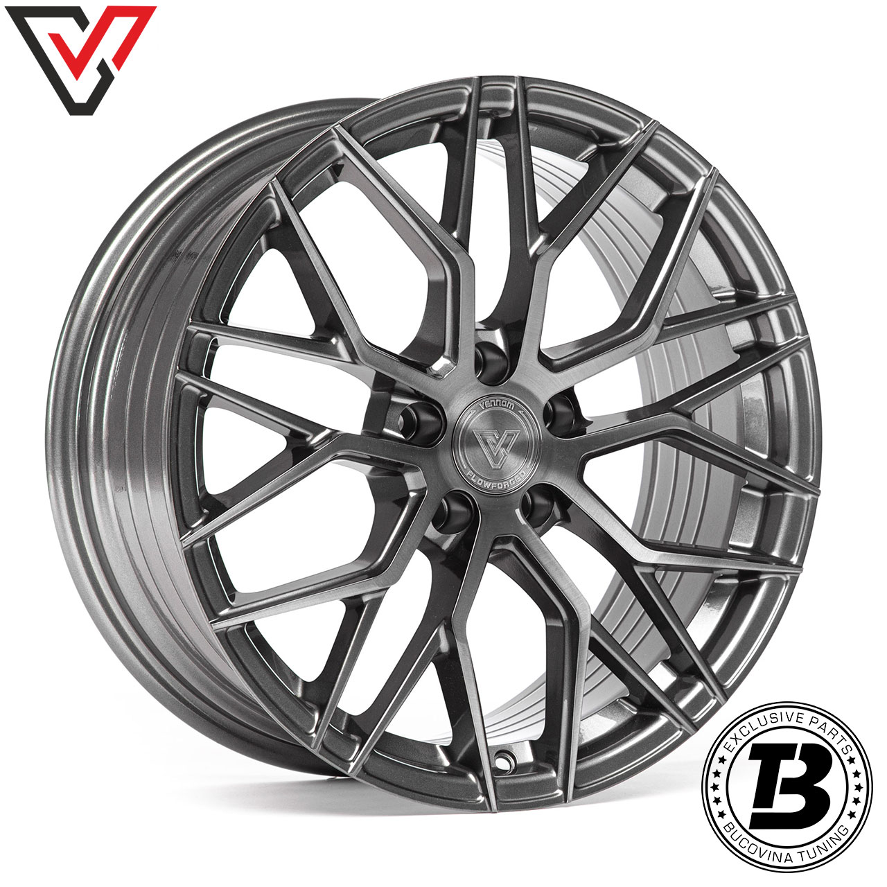 Jantă Vennom VFF.5 Brushed Gunmetal Dark, din față Jantă Vennom Flowforged VFF.5 gri închis periat, cu spițe în Y ca o plasă, vedere din față în unghi