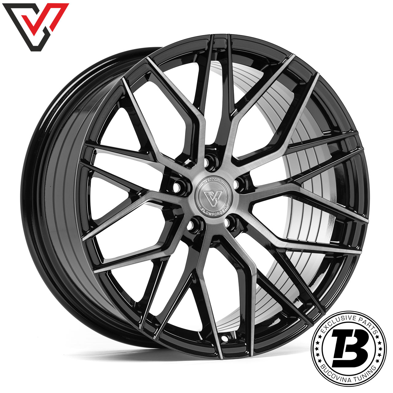 Jantă Vennom VFF.5 neagră periată, din față Jantă Vennom Flowforged VFF.5 neagră periată, fotografiată din față în unghi