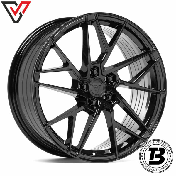 Jantă Vennom Flowforged VFF.7 neagră lucioasă cu spițe în Y, vedere din față în unghi