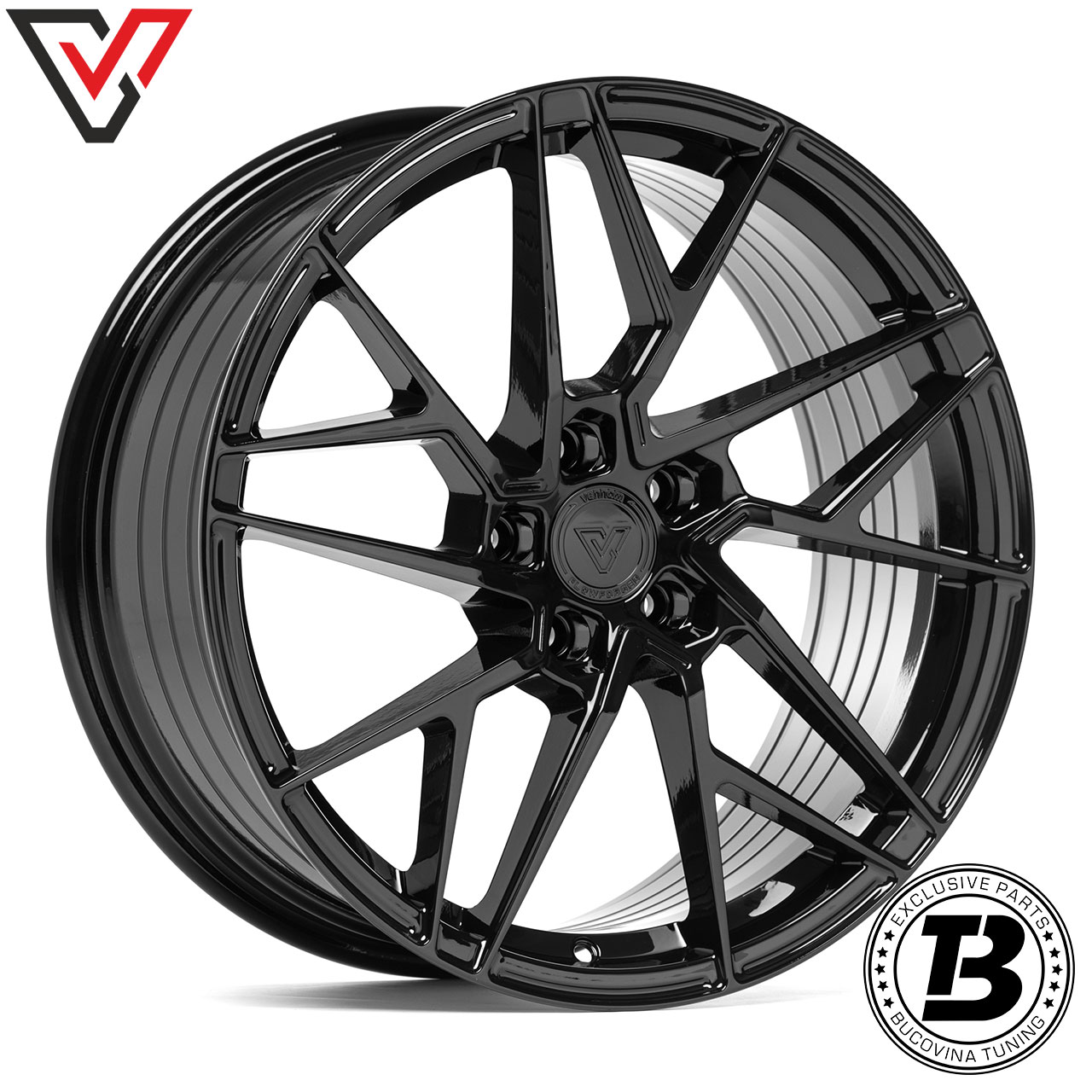 Jantă Vennom VFF.7 Corsa Black, din față Jantă Vennom Flowforged VFF.7 neagră lucioasă cu spițe în Y, vedere din față în unghi