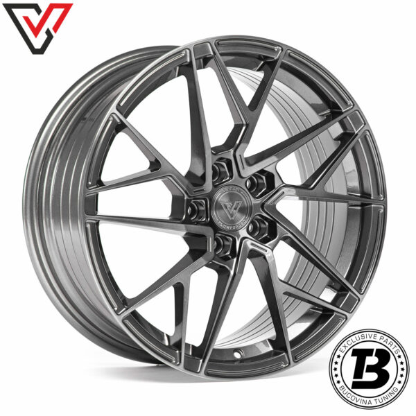 Jantă Vennom Flowforged VFF.7 gri închis periat cu spițe în Y, vedere din față în unghi