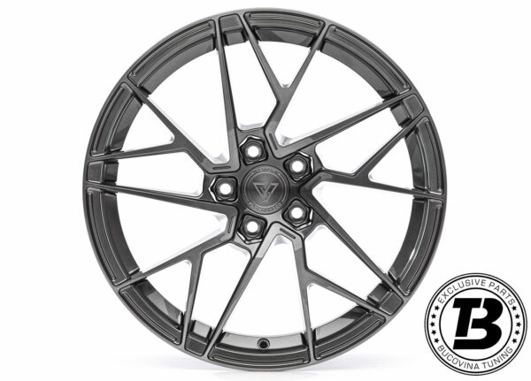 Jantă Vennom VFF.7 Brushed Gunmetal Dark privită frontal, cu cele cinci găuri de prindere