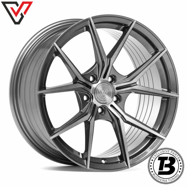 Jantă Vennom Flowforged VFF.9 gri închis cu fața periată și spițe în Y, vedere din față în unghi