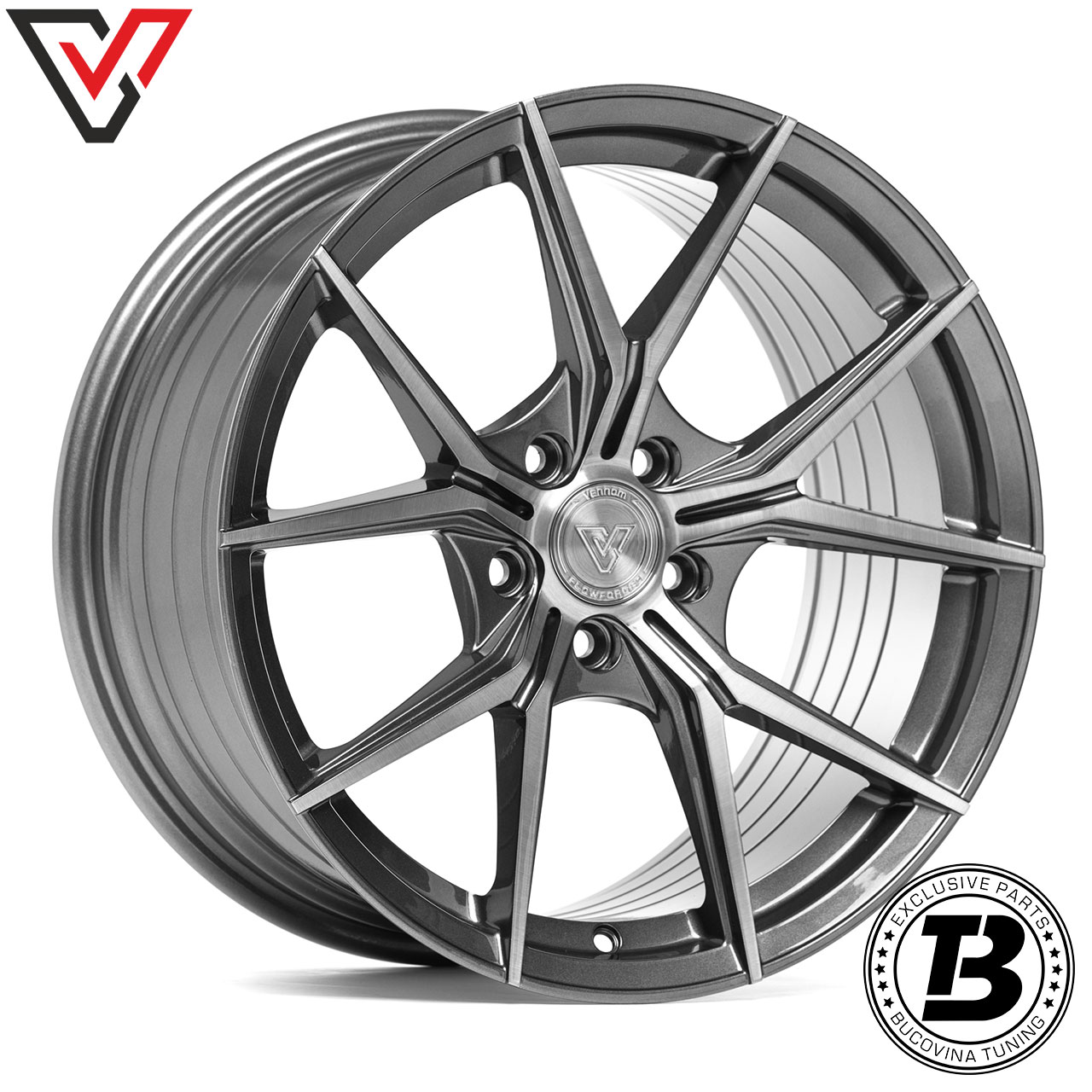 Jantă Vennom VFF.9 Brushed Gunmetal Dark, din față Jantă Vennom Flowforged VFF.9 gri închis cu fața periată și spițe în Y, vedere din față în unghi