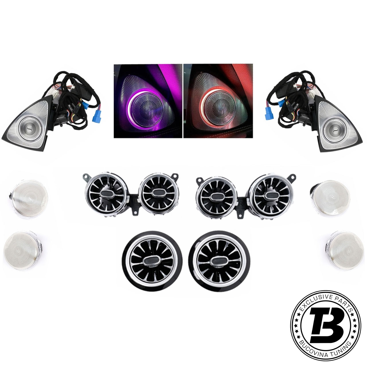 Kit grile de aerisire și tweetere rotative, componente Kit grile de aerisire tip turbină cu LED și tweetere rotative, componentele așezate pe fundal alb