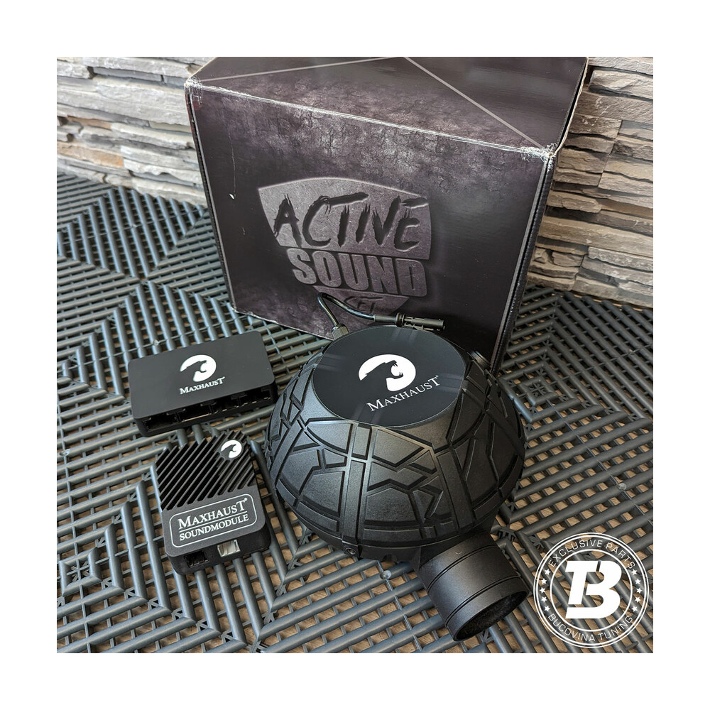 Set Maxhaust Active Sound Booster cu cutia originală Set Maxhaust Active Sound Booster: generator de sunet negru, modulul de control și cutia Active Sound
