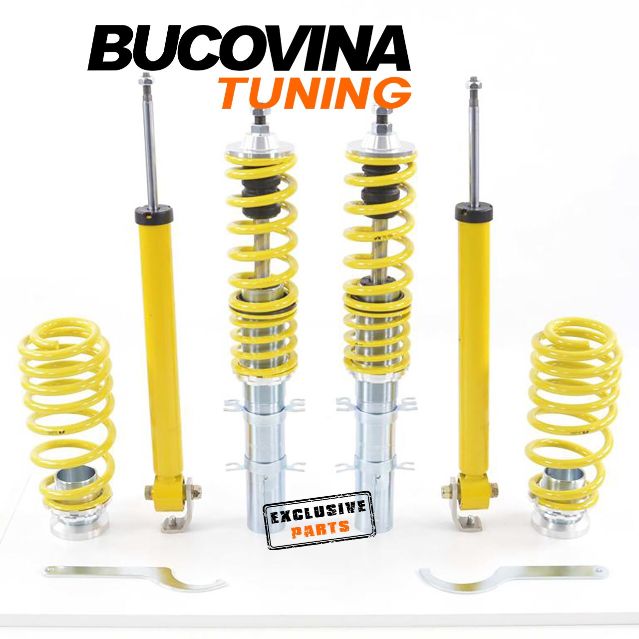 Suspensie reglabilă FK pentru Bora, kit complet Kit suspensie sport reglabilă pe înălțime FK compatibil cu VW Bora: amortizoare față filetate, amortizoare spate, arcuri