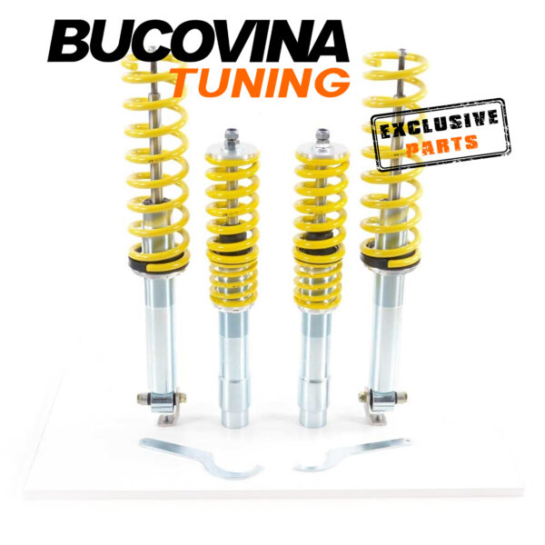 Kit suspensie sport FK compatibil cu BMW Seria 5 E39: patru amortizoare filetate cu arcuri galbene și chei