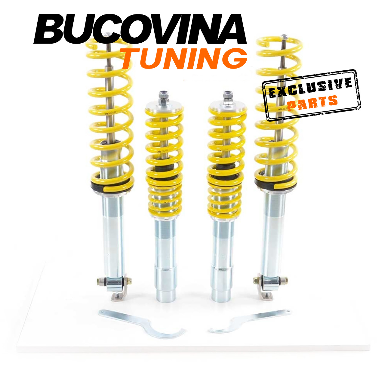 Kit suspensie sport FK, patru amortizoare filetate Kit suspensie sport FK compatibil cu BMW Seria 5 E39: patru amortizoare filetate cu arcuri galbene și chei