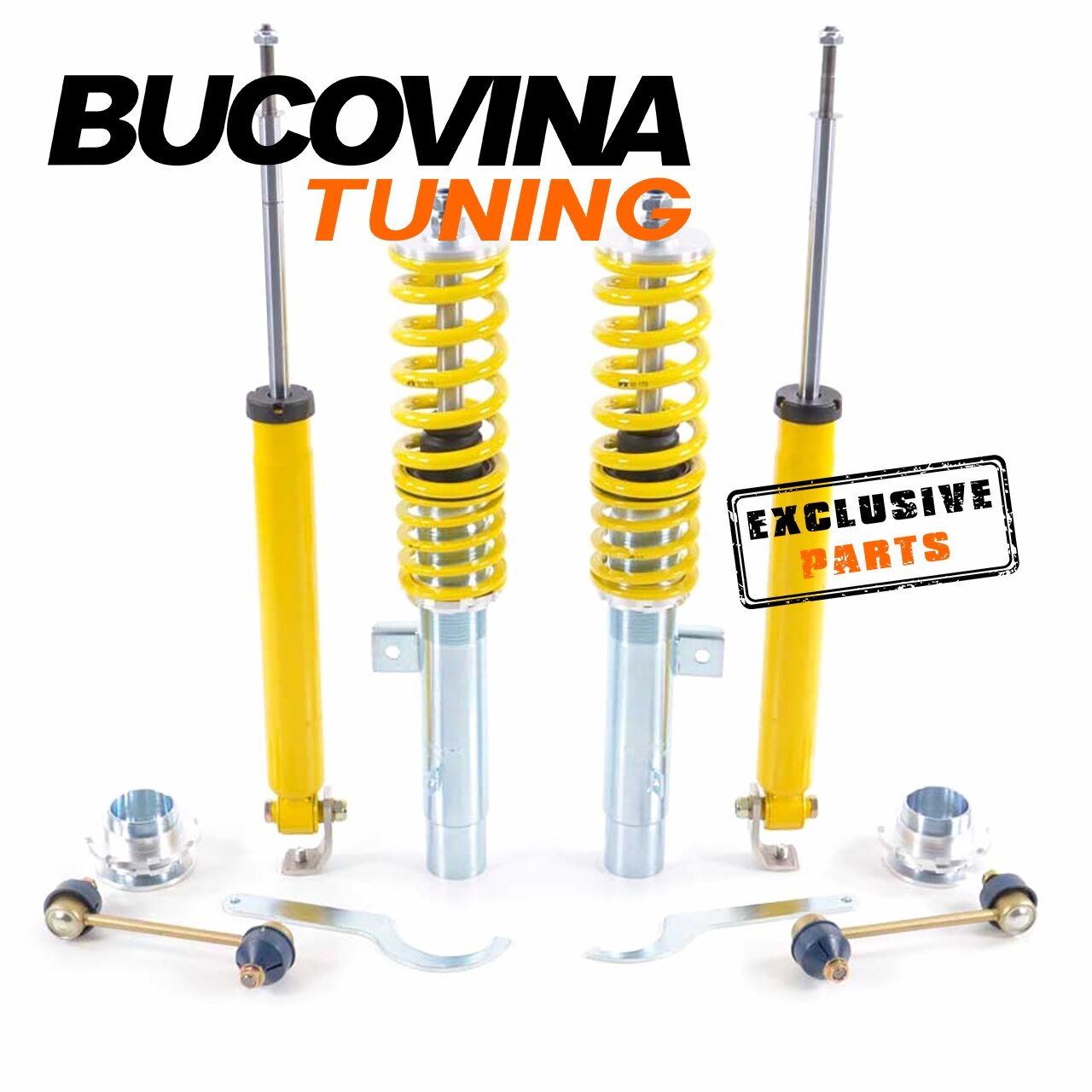Kit suspensie sport FK, vedere de ansamblu Kit suspensie sport FK compatibil cu BMW Seria 3 E46: amortizoare, arcuri, cupe de reglaj, bielete și chei