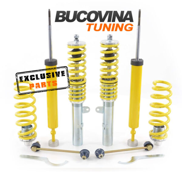 Kit coilover FK cu amortizoare față filetate, amortizoare spate, arcuri, bielete stabilizatoare și chei de reglaj
