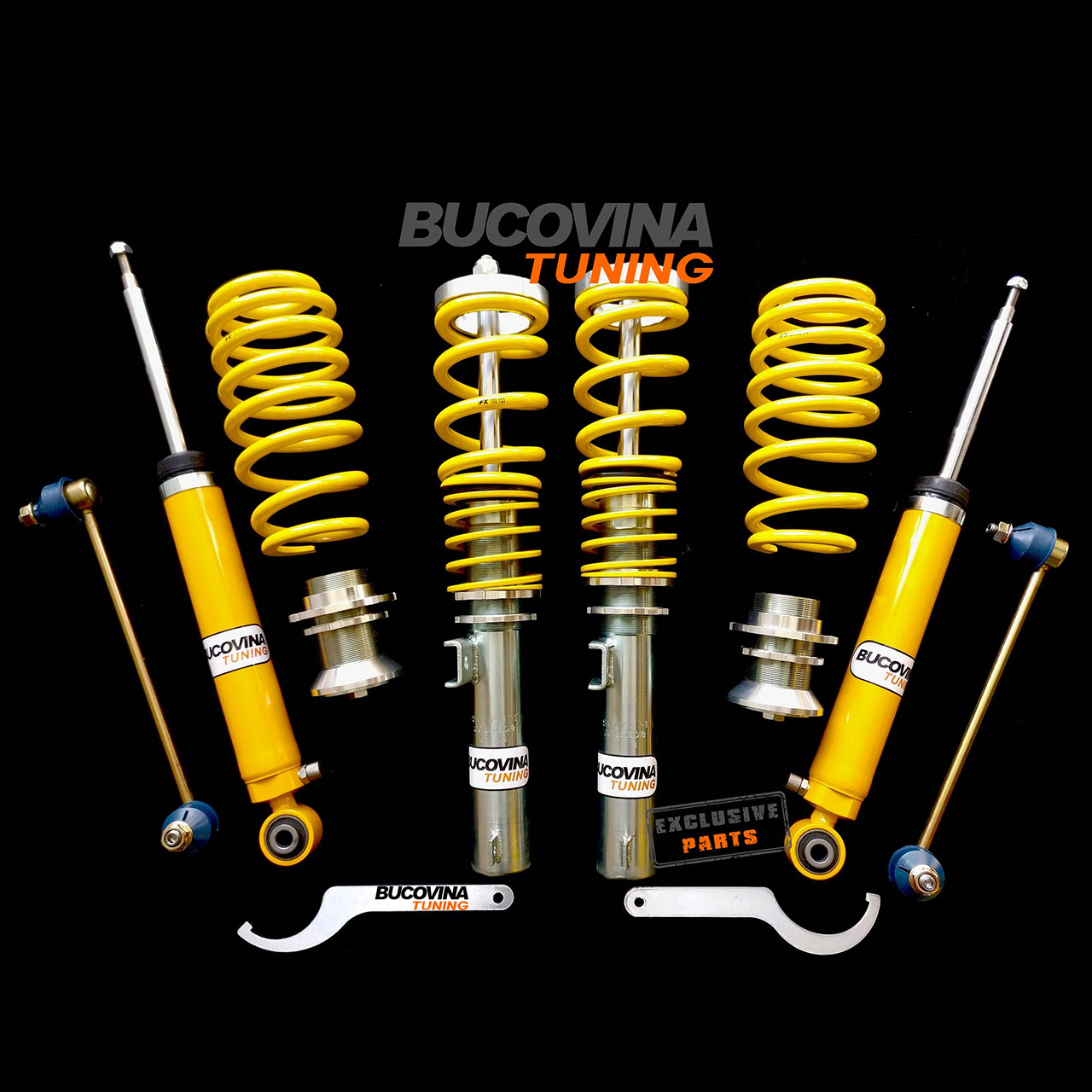 Kit coilover reglabil pe duritate Kit coilover reglabil pe duritate, pe fundal negru: amortizoare, arcuri galbene, cupe, bielete și chei