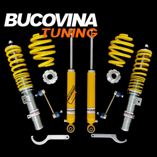 Kit coilover FK reglabil pe duritate compatibil cu BMW Seria 3 E46, pe fundal negru, cu bielete și chei