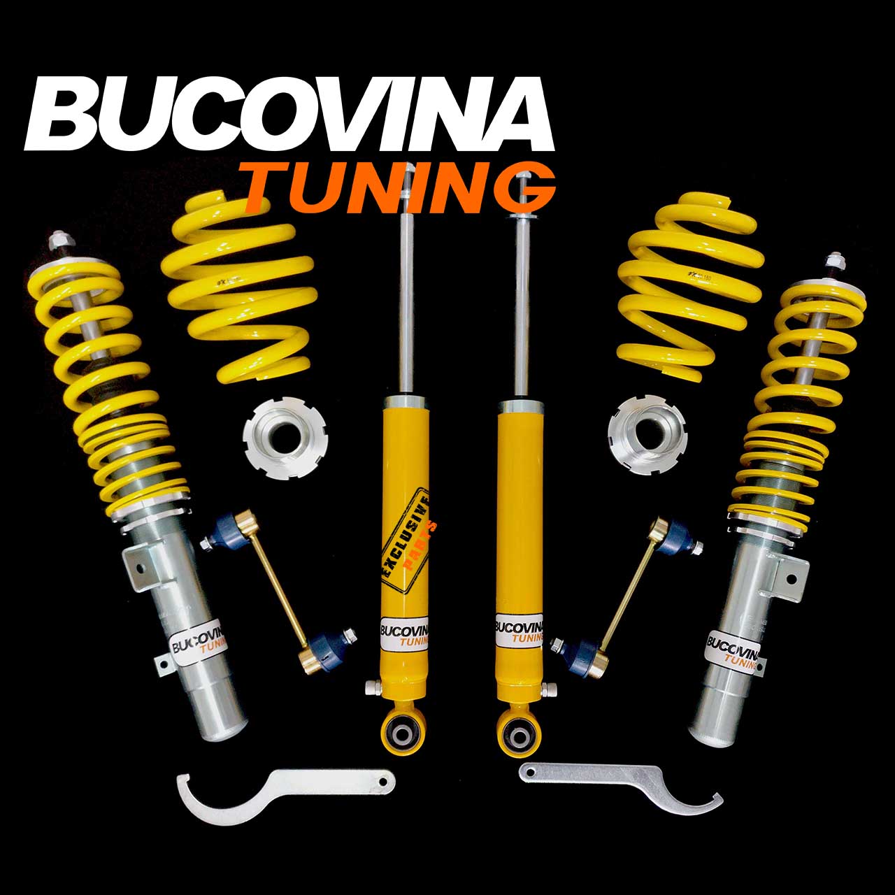 Kit coilover FK reglabil pe duritate Kit coilover FK reglabil pe duritate compatibil cu BMW Seria 3 E46, pe fundal negru, cu bielete și chei