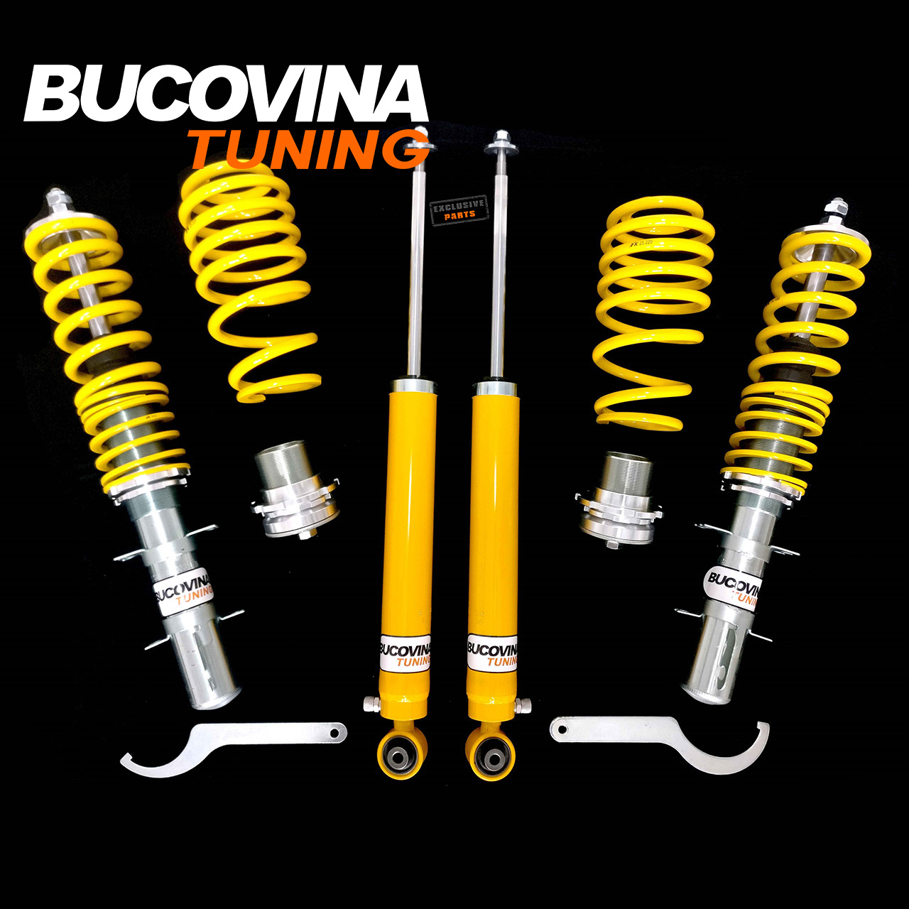 Kit coilover FK reglabil pe duritate Kit coilover FK reglabil pe duritate compatibil cu VW Bora, pe fundal negru: amortizoare, arcuri, cupe, chei