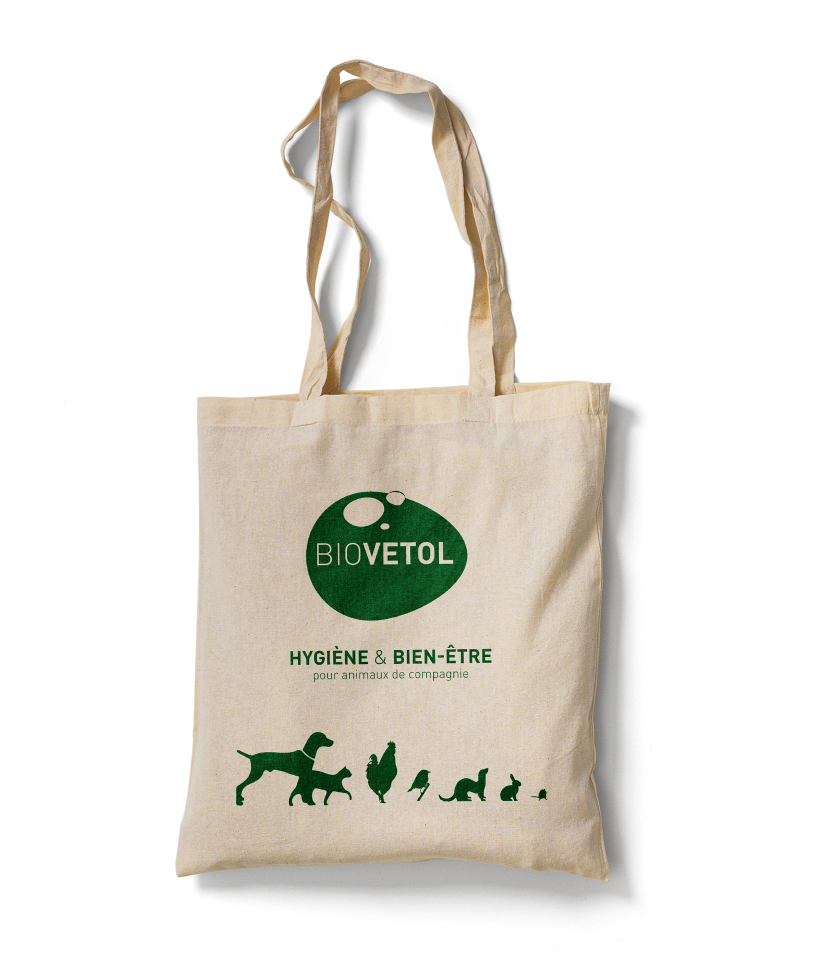 Sacoșă din bumbac 100% Biovetol Sacoșă din bumbac natural Biovetol cu mânere lungi, logo verde și siluete de animale de companie