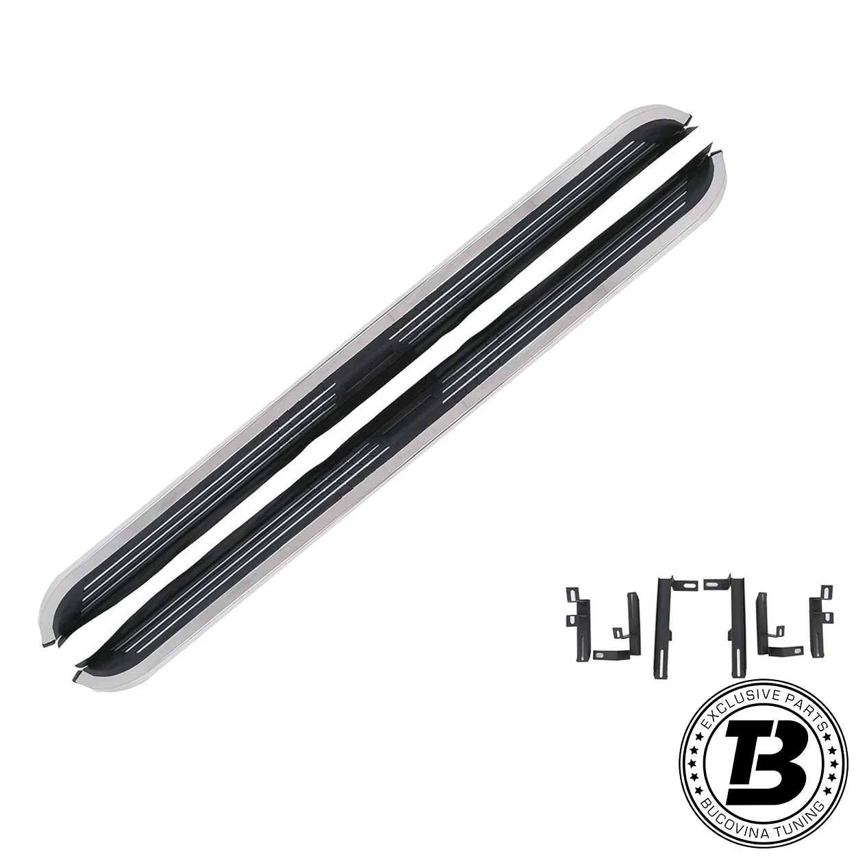 Praguri trepte laterale compatibile cu Ford Kuga II / Escape Pereche de praguri trepte din aluminiu cu benzi negre antiderapante, pentru Ford Kuga II, cu suporții alături
