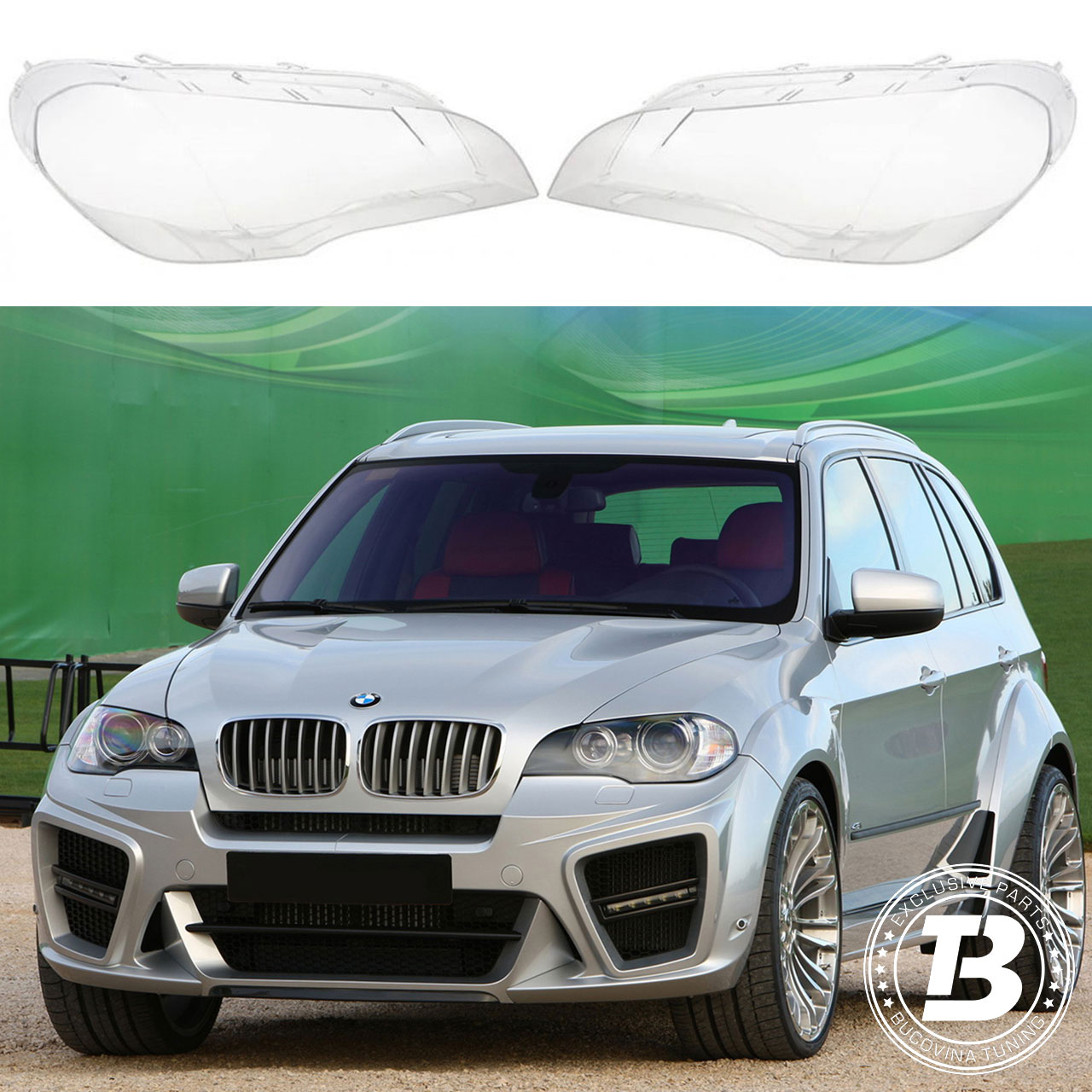 Sticle faruri compatibile cu BMW X5 E70 pre-LCI Sticle faruri compatibile cu BMW X5 E70 pre-LCI, pereche și SUV argintiu cu kit de caroserie