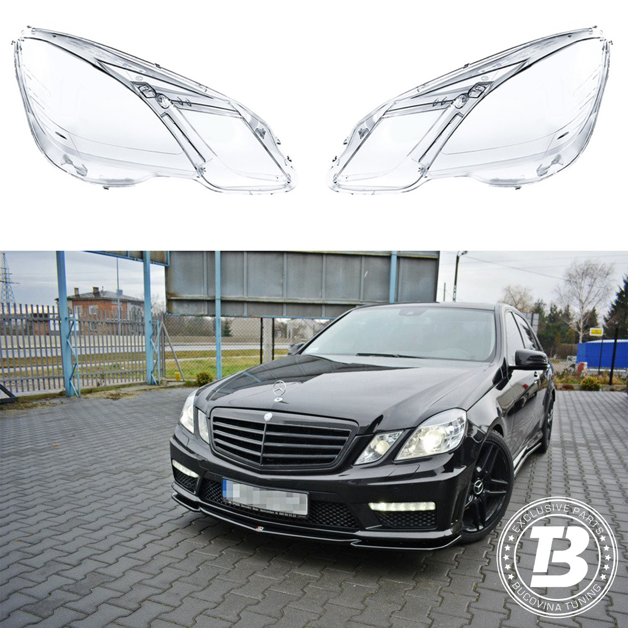 Sticle faruri compatibile cu Mercedes-Benz E-Class W212 pre-facelift Sticle faruri compatibile cu Mercedes-Benz E-Class W212 pre-facelift, pereche și sedan negru