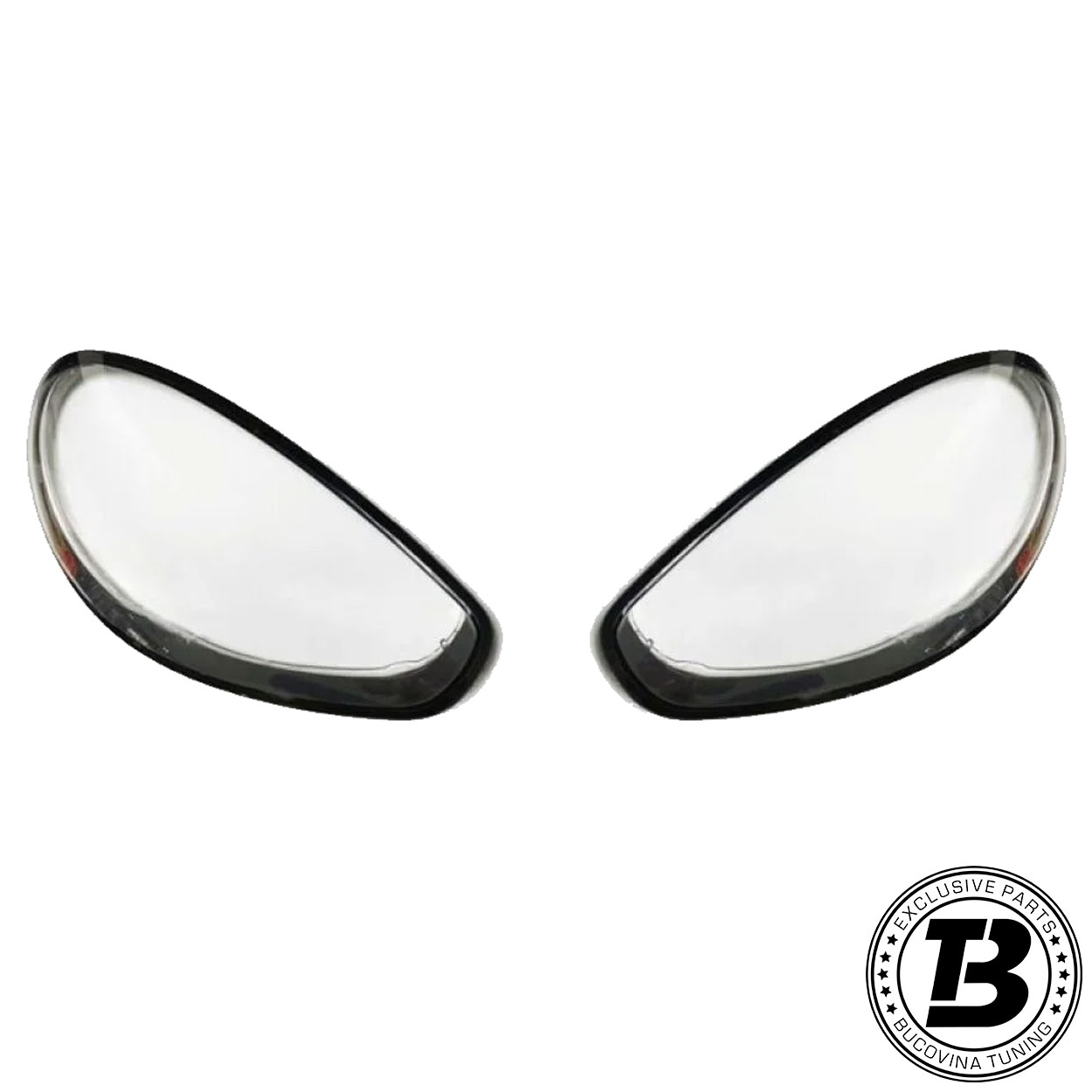Sticle faruri compatibile cu Porsche Panamera facelift Sticle faruri compatibile cu Porsche Panamera facelift, pereche cu rama neagră, pe fundal alb